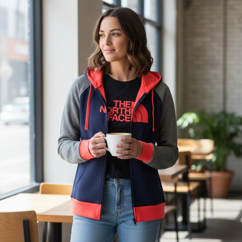 The North Face Womens L Full Zip Hoodie Navy Gray Coral Logo Fleece Jacket
